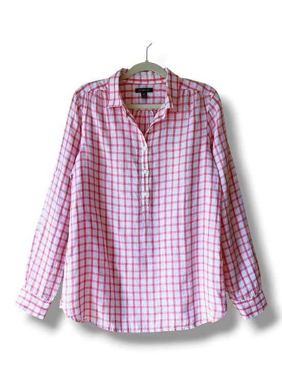 Lands' End Tops - Land’s End 100% Linen Red & White Check Henley Style  Shirt Size M (10-12)